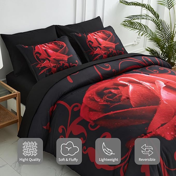 Red Comforter Set Full 7 Piece Bed in a Bag Red Rose Flower Comforter with Sheet Set Soft Micorfiber Reversible Bedding Set (1 Comforter,2 Pillow Shams,1 Flat Sheet,1 Fitted Sheet,2 Pillowcases)