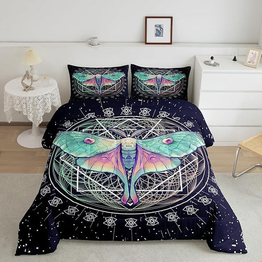 Erosebridal Moth Butterfly Bedding Full Size Gothic Decor Down Geometric Comforter Duvet Set for Kids Boys Girls Teens Room Dorm Decorative, Navy Blue