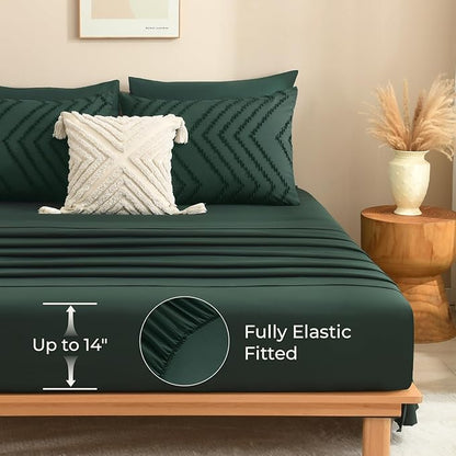 Litanika Full Size Comforter Set with Sheets Dark Emerald Green - 7 Pieces Bed in a Bag Full Chevron Tufted Complete Bedding Sets with Comforter, Sheets, Pillowcases & Shams