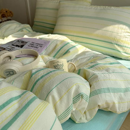 EAVD Vintage Striped Comforter Set Twin XL Soft Cotton 3-Piece Boho Bedding Set with 2 Pillowcases Retro Yellow-Green Vertical Stripes Geometric Comforter Set for All-Season