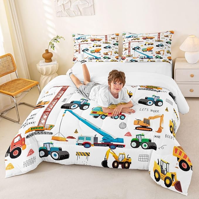 Erosebridal Cartoon Car Kids Comforter Set Truck Bedding Set Decor Construction Excavator Tractor Quilted Duvet Heavy Machinery Digger Mixer Down Comforter for Children Boys Teens 3Pcs Queen
