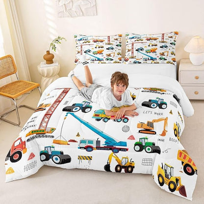 Erosebridal Cartoon Car Kids Comforter Set Truck Bedding Set Decor Construction Excavator Tractor Quilted Duvet Heavy Machinery Digger Mixer Down Comforter for Children Boys Teens 3Pcs Queen