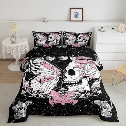 Butterfly Skull Comforter Set Twin Size Pink Mushroom Quilted Duvet Gothic Starry Galaxy Moon Bedding Set 2pcs for Kids Teens Girls Boys Bedroom Decor Trippy Plants Duvet Insert,1 Pillowcase