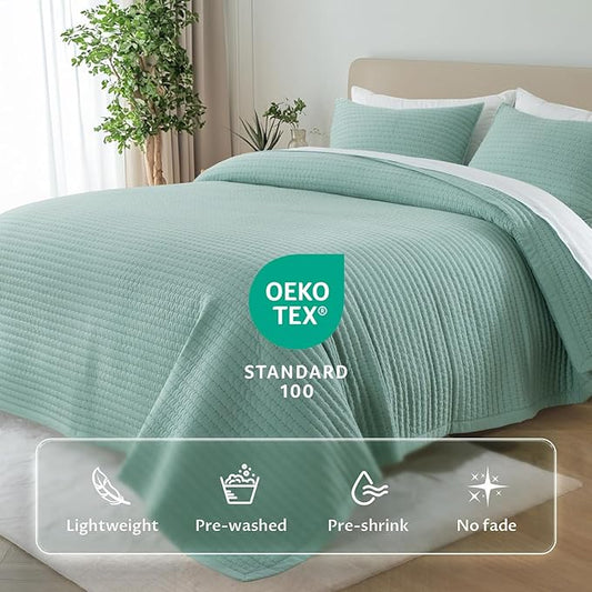 KASENTEX Twin Quilt Set 68"x86" – Soft Washed 3-Layer Lightweight Bedspread, Minimalist Nordic Design, All-Season Spring & Summer Quilt Set (1 Quilt + 2 Pillow Shams), Green
