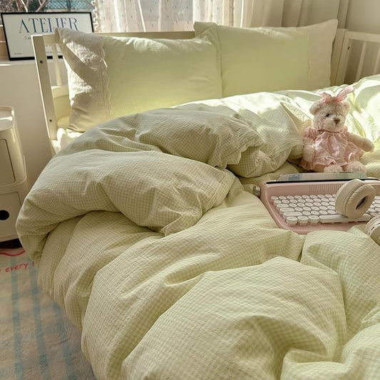 HighBuy Sage Green Gingham Comforter Set Queen Modern Lace Ruffle Plaid Grid Comforter Set 3 Pieces Checkered Pattern Bedding Comforter with 2 Pillowcases All Seasons Gingham Comforter Set
