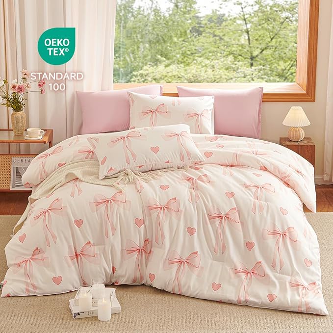 Pink Bow Comforter Set Twin Size - 2 Pieces Pink White Heart Comforter Bedding Sets Reversible Pattern,Twin Bed in a Bag for Girls Comforter and 1 Pillowcase