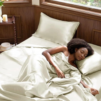 CozyLux Satin Sheets Full Size Sheets - 4 Piece Silky Full Size Bed Sheets, Luxury Cream Full Bed Set with Smooth and Soft Microfiber, Includes 1 Fitted Sheet, 1 Flat Sheet and 2 Pillowcases