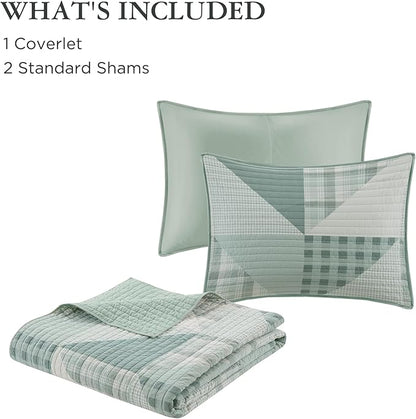 Woolrich Reversible Coverlet Set - Cottage Styling Reversed to Solid Color, All Season Lightweight Coverlet, Cozy Bedding Layer, Matching Shams, Oversized Full/Queen, Olsen Green | Reversible, Lightweight, All Season