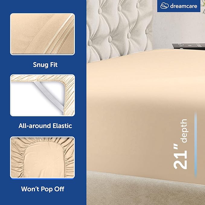 DREAMCARE Queen Sheet Set – 6 pcs Cooling Bed Sheets – up to 21” Deep Pocket Queen Sheets Set – 2500 Supreme Collection – Extra Soft 100% Brushed Microfiber Hotel Luxury with Side Pocket, Wheat