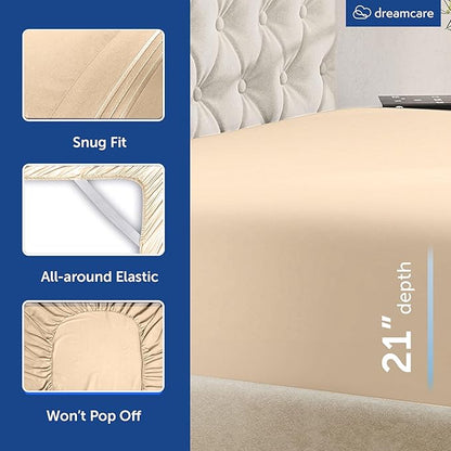 DREAMCARE King Size Sheets Set – 6 pcs Cooling Bed Sheets – up to 21” Deep Pocket King Sheet Set - 2500 Supreme Collection – Extra Soft 100% Brushed Microfiber Hotel Luxury with Side Pocket, Wheat