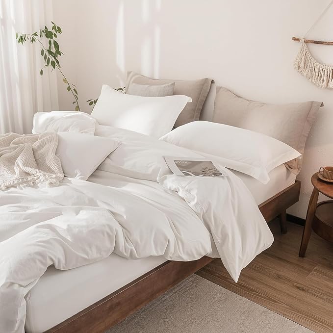 Off White Duvet Cover Oversize Queen Size 100% Washed Cotton Bedding Set Cover 1 Duvet Cover Zipper Closure and 2 Pillowcases, 98inch x 98inch