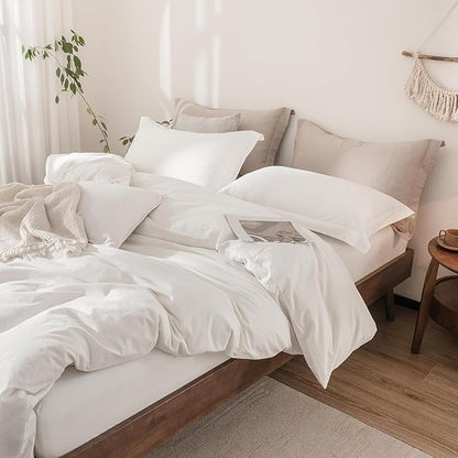 Off White Duvet Cover Oversize Queen Size 100% Washed Cotton Bedding Set Cover 1 Duvet Cover Zipper Closure and 2 Pillowcases, 98inch x 98inch