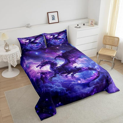 Dragon Comforter Set Full Size,Magical Animals Bedding Set 3Pcs,Kids Girls Boys Teens Home Decor,Outer Space Starry Sky Quilt Set Purple Western Wildlife Theme Duvet Insert,2 Pillowcases
