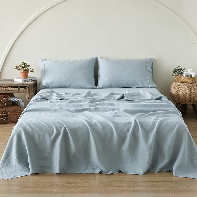 Simple&Opulence 100% French Linen Pillowcase Queen Size-Set of 2- Washed Solid Color Pillow Cases Embroidered -Soft and Durable (Dusty Blue, 20''x30'')