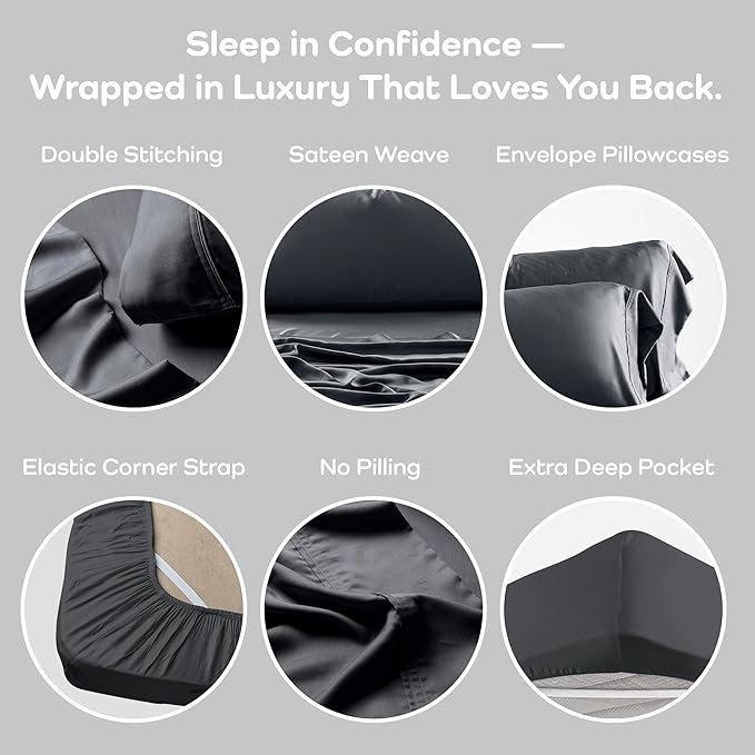 Olive + Crate Tencel Lyocell Eucalyptus Split King Sheets for Adjustable Bed - Cooling Tencel Sheets for Hot Sleepers with 16 Inch Deep Pocket Fit - Charcoal, 5-Piece Set