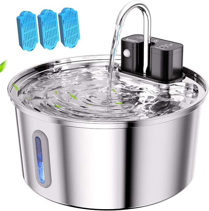 Tomxcute Cat Water Fountain Stainless Steel, 108oz Wireless Pet Fountain | 3 Smart Water Supply Modes Automatic Battery Operated Fountain with 3 Replacement Filters for Cats, Dogs, Multiple Pets