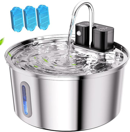 Tomxcute Cat Water Fountain Stainless Steel, 108oz Wireless Pet Fountain | 3 Smart Water Supply Modes Automatic Battery Operated Fountain with 3 Replacement Filters for Cats, Dogs, Multiple Pets