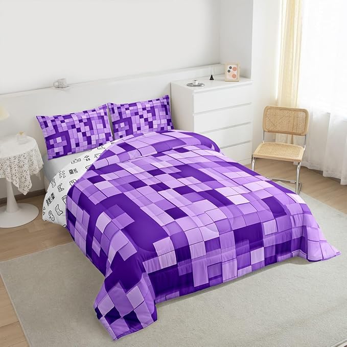 Pixel Grid Miners Kids Bedding Set King Size,Video Games Plaid Lattice Comforter Set,Geometric Check Quilt Comforter,Light Purple Bedroom Duvet Insert,2 Pillowcases