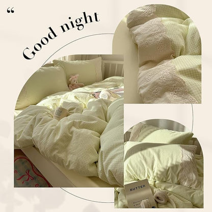 HighBuy Sage Green Gingham Comforter Set Twin XL 3 Pieces Green Grid Plaid Comforter Set Soft Fluffy with Lace Ruffles,Checkered Pattern Comforter with 2 Pillowcases Farmhouse Gingham Bedding