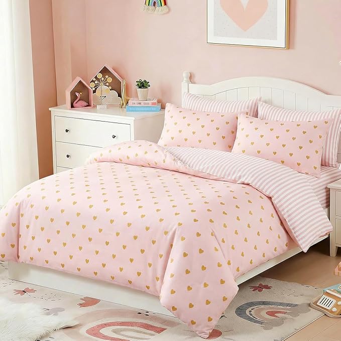 Pink Comforter Set Queen Gold Heart Bedding Set for Girls Kids, Reversible Pink White Wide Striped Design, Cute Coquette Comforter 3 Pieces, with 2 Pillowcases, Soft 100% Microfiber