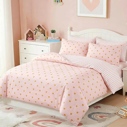 Pink Comforter Set Queen Gold Heart Bedding Set for Girls Kids, Reversible Pink White Wide Striped Design, Cute Coquette Comforter 3 Pieces, with 2 Pillowcases, Soft 100% Microfiber