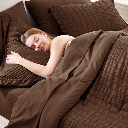 CozyLux King Size Comforter Set Brown Seersucker 7 Pieces Bed in a Bag King Comforter Set with Sheets, Luxury Soft Bedding Sets with Down Alternative Comforter, Sheets, Pillowcases & Shams All Season