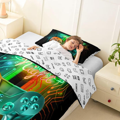 Feelyou Gamer Comforter Kids Gaming Video Game Comforter Set for Boys Teens Noverlty Modern Gamepad Bedding Set Breathable Gamer Console Bedding Duvet Set Bright Orange Green Room Decor Toddler Size