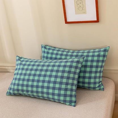 EAVD Green Gingham Comforter Set King Soft Fluffy 3-Piece Modern Grid Checkered Plaid Bedding Set with 2 Pillowcases Farmhouse Geometric Print Comforter Set for All-Season