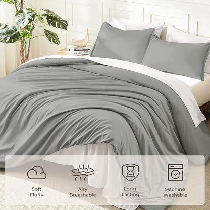 Litanika Comforters Medium Gray Oversized Queen Size, 3 Pieces Lightweight Solid Bedding Set & Collections, All Season Fluffy Bed Set (98x98In Comforter & 2 Pillowcases)