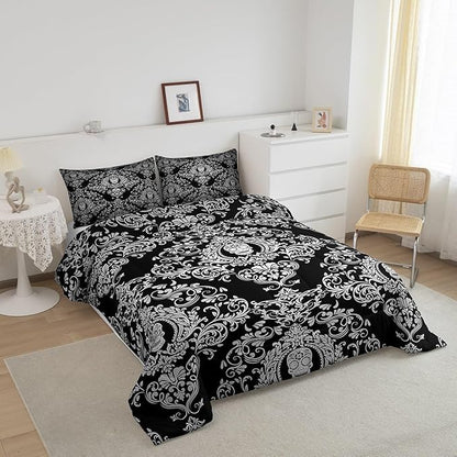 Feelyou Adults White Vintage Damask Floral Comforter Set Oriental Antique Comforter Queen Size Gothic Bohemia Boho Bedding Set Exotic Sugar Skull Duvet Set Quilt Set 3Pcs