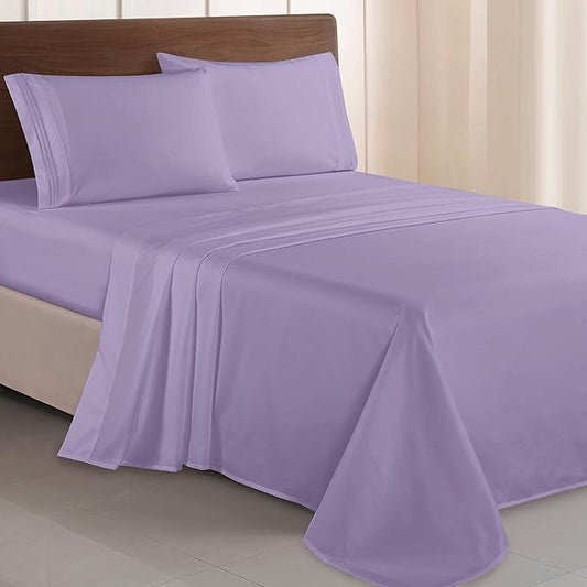Elegant Comfort Luxurious 1500 Premium Hotel Quality Microfiber Three Line Embroidered Softest 4-Piece Bed Sheet Set, Wrinkle and Fade Resistant, Twin/Twin XL, Lavender