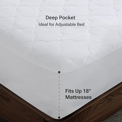 Sleep Philosophy Queen Mattress Pad, Cotton Mattress Protector Classic Cloud Quilted Bed Cover, All Natural Breathable Mattress Topper Fitted Pocket Fits Up to 18", Machine Washable, White
