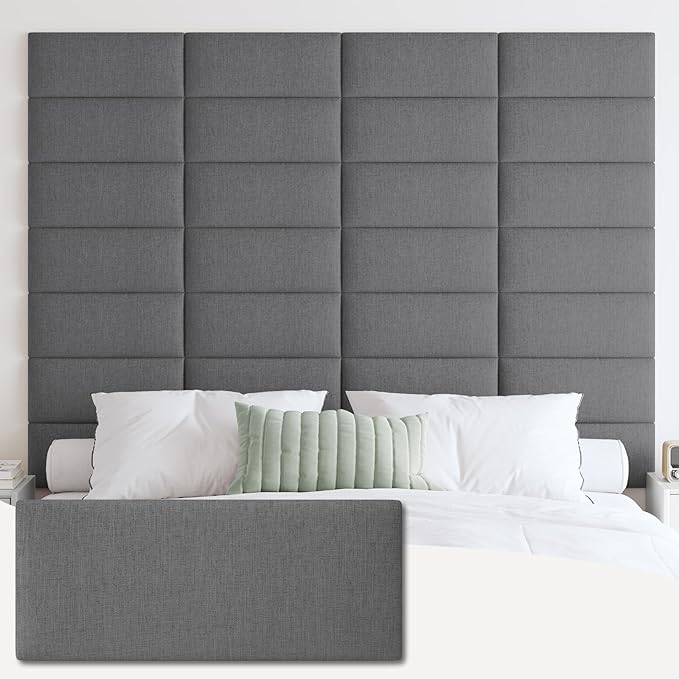 IFNOW Wall Mounted Headboard, Peel and Stick Panels, Dark Grey, King | 3D Soundproof Acoustic Padding, Reusable and Removable Tufted fabric Bed Headboard for bedroom (12 Panels, 10" x 24")
