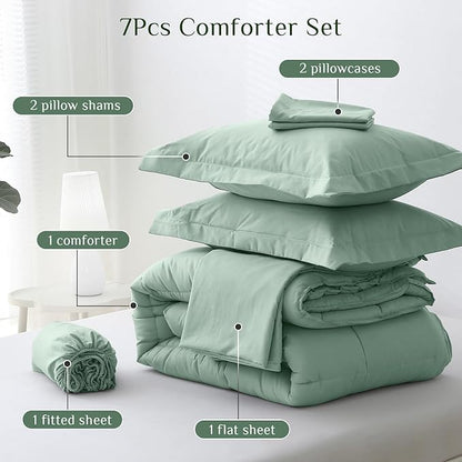 JOLLYVOGUE King Comforter Set, Ultra-Soft Bed in a Bag King Size 7 Pieces, Oeko-TEX Certified Bedding Set with Down Alternative Comforter, Sheets, Pillowcases & Shams, Sage Green
