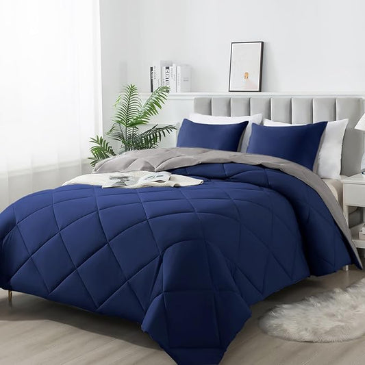 3-Piece King Comforter Set,All-Season,Soft & Hypoallergenic &Breathable Bedding,Polyester Quilted,Down Alternative(Comforter*1 & Pillowcases*2),Dark Gray/Dark Blue