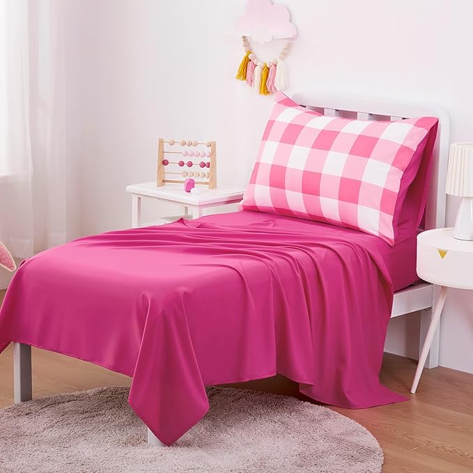 Wake In Cloud - Gingham Toddler Bedding Set for Girls Boys, Cute Plaid Buffalo Check, 4 Pieces Soft Crib Bed Set Including Comforter, Sheets and Pillowcase, Hot Pink