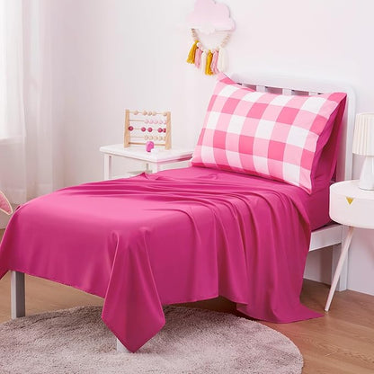 Wake In Cloud - Gingham Toddler Bedding Set for Girls Boys, Cute Plaid Buffalo Check, 4 Pieces Soft Crib Bed Set Including Comforter, Sheets and Pillowcase, Hot Pink