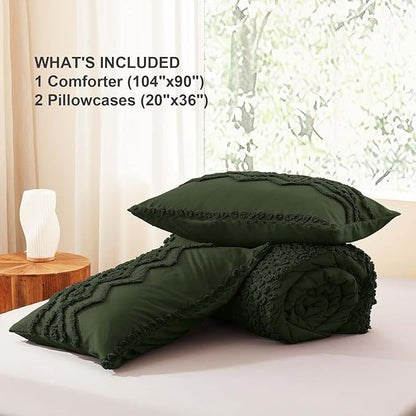 Luxudecor Olive Green Boho Tufted Comforter Set King Size 3 Pieces Boho Shabby Chic Comforter Farmhouse Embroidery Bedding Set Soft Comforter for All Seasons (Olive Green, 104''x90'')