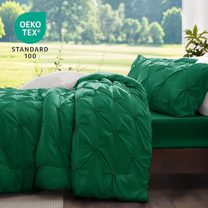 BEDELITE Forest Green Queen Comforter Set - 3 Pieces Boho Pintuck Bedding Comforter Sets, Lightweight Soft & Warm Bed Comforter Queen with 2 Pillowcases for All Season