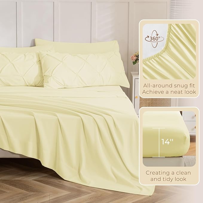 Sasttie California King Comforter Set, 7-Piece Bed in a Bag, Pintuck Bedding Sets for All Season, Includes Comforter, Flat Sheet, Fitted Sheet, Pillowcases and Pillowshams, Cream Yellow