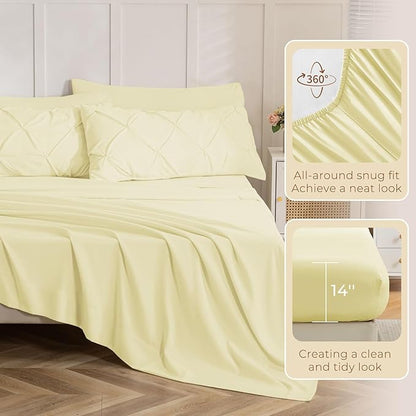 Sasttie California King Comforter Set, 7-Piece Bed in a Bag, Pintuck Bedding Sets for All Season, Includes Comforter, Flat Sheet, Fitted Sheet, Pillowcases and Pillowshams, Cream Yellow