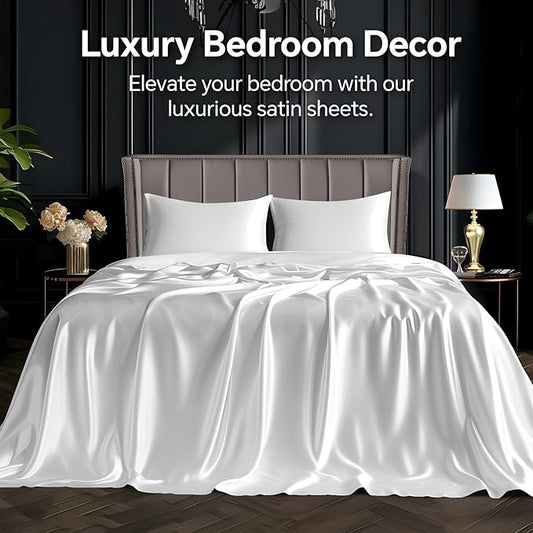 BEDELITE Satin Sheets Queen Size Bed Set, Luxury Soft White Silky Sheets for Hair and Skin, Similar to Silk Bed Sheets Set 4 Pieces （1 Deep Pocket Fitted Sheet, 1 Flat Sheet, and 2 Pillowcases）
