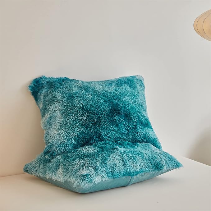 Wajade Faux Fur Plush White Comforter Set Fluffy Fuzzy Shaggy Bedding Set - 3PC Full/Queen Microfiber Soft Warm Quilt Set (Tie Dye Teal, King)