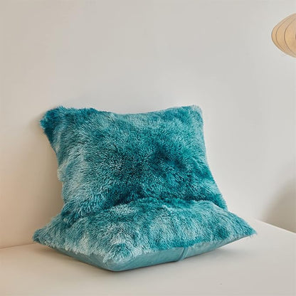 Wajade Faux Fur Plush White Comforter Set Fluffy Fuzzy Shaggy Bedding Set - 3PC Full/Queen Microfiber Soft Warm Quilt Set (Tie Dye Teal, King)