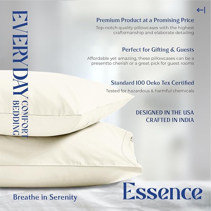 Mayfair Linen 100% Organic Cotton King Size Pillow Cases Set of 2 - Soft Hotel Quality Covers for King Size Pillows (Ivory), Authentic GOTS Certified, Crisp, Cooling Percale Weave Cotton Pillowcases