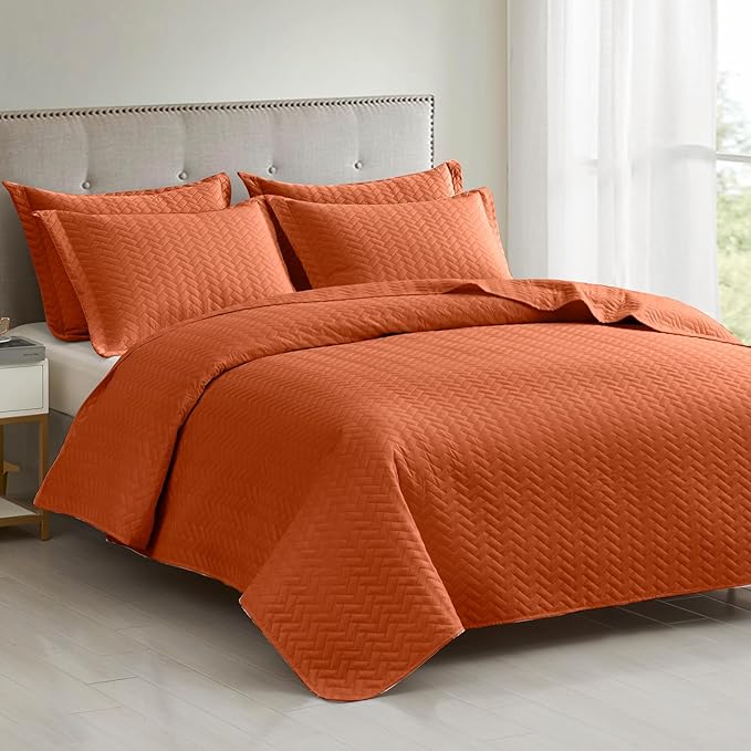 Maple&Stone Quilt Set Twin Size, Burnt Orange Lightweight Bedspread Ultrasonic Chevron Pattern Light Coverlet for All Season Comforter Bedding Decor - 2 Piece Twin Bed Cover Sets