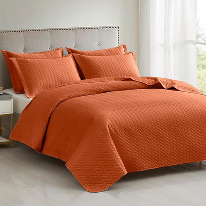 Maple&Stone Quilt Set Twin Size, Burnt Orange Lightweight Bedspread Ultrasonic Chevron Pattern Light Coverlet for All Season Comforter Bedding Decor - 2 Piece Twin Bed Cover Sets