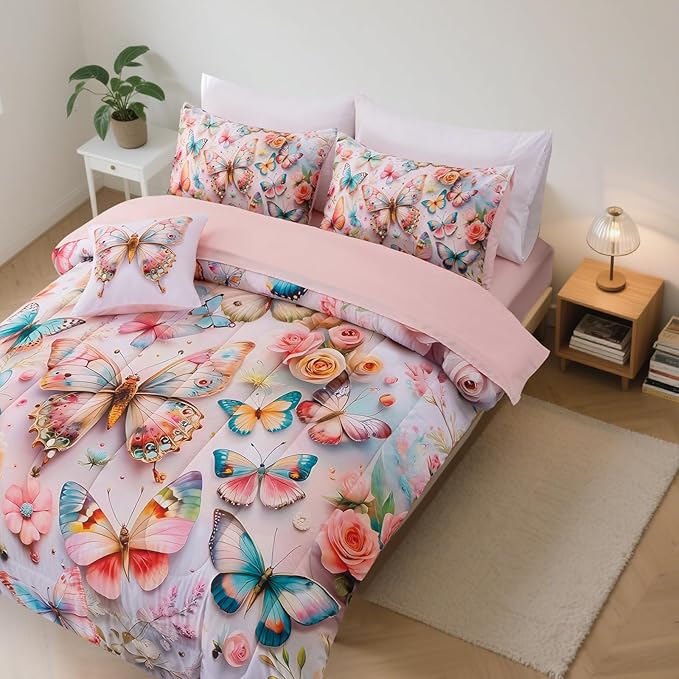A Nice Night Full 6pcs Bed in A Bag Pink and Blue 3D Various Butterfly Printed, Butterflies Flying in Flower Design Bedding Full Comforter Set, for Girls Kids Teens