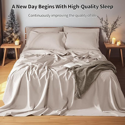 LBRO2M 100% Pure Linen Sheet Set Deep Pocket Up to 16" Bed Sheets Sets, Natural Flax Beddings Soft, Breathable, Comfortable for All Seasons 6 Pcs Sheet Set Queen Size, Linen
