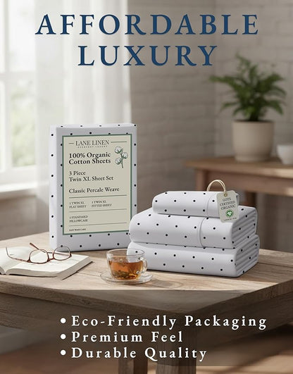 LANE LINEN 100% Organic Cotton Twin XL Sheets Set 3-Piece Pure Percale Bedsheets Bedding Breathable Fits Mattress Upto 15" Deep - Black Polka Dot